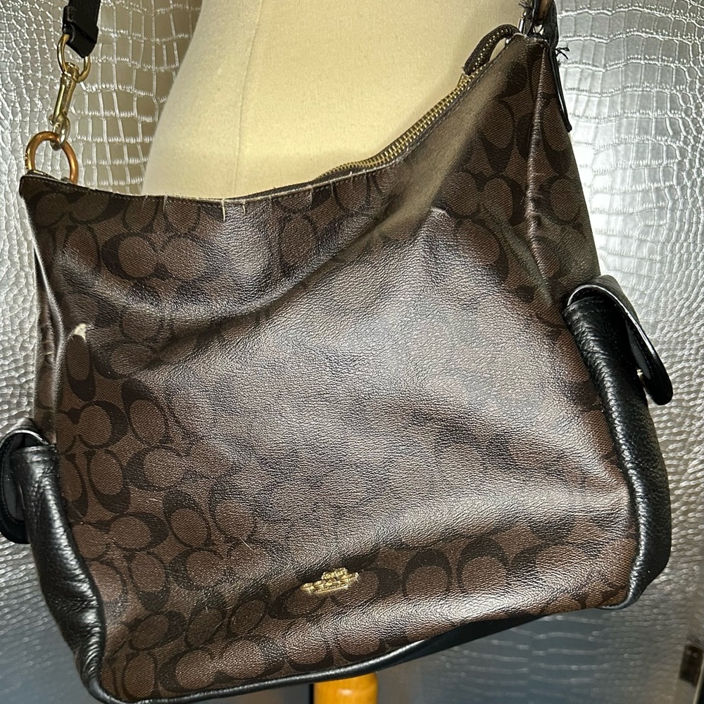 Coach Pennie Canvas & Pebbled Leather Crossbody Brown Black Bag Note Condition!